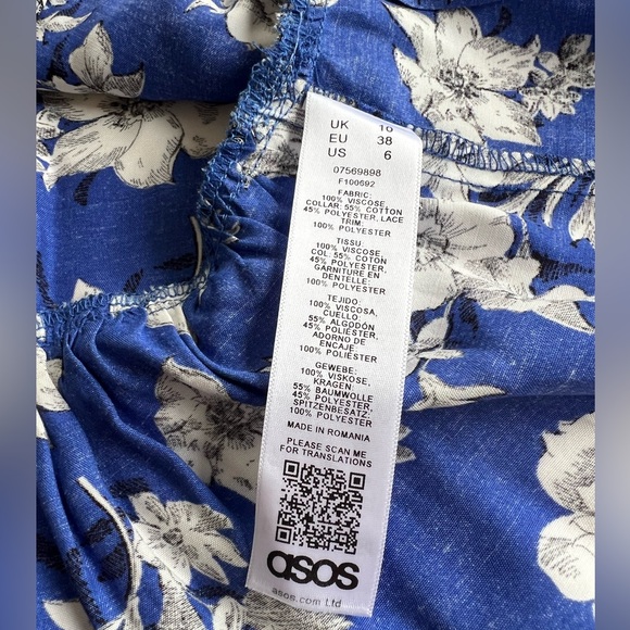 ✨NWT✨ ASOS FLORAL MINI DRESS LACE COLLAR LONGSLEEVE BLUE WHITE BLACK SIZE 6 - Picture 7 of 13